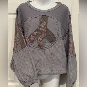 POL Patchwork Peace Sign Sweatshirt in Gray and Brown